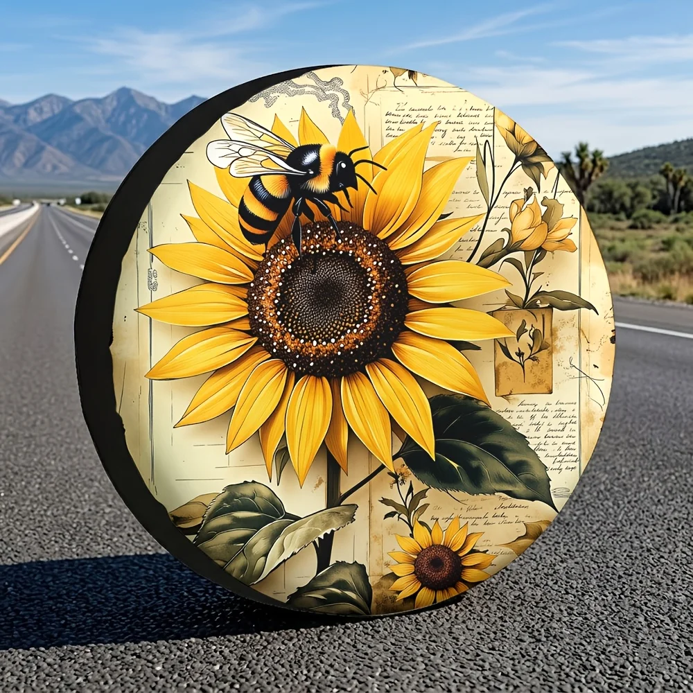 1pc, 14-17 Inch Universal Sunflower Bee Tire Cover, Suitable For Hardcore Off-Roading, Artistic Enthusiasts, Rear Car Decorativ