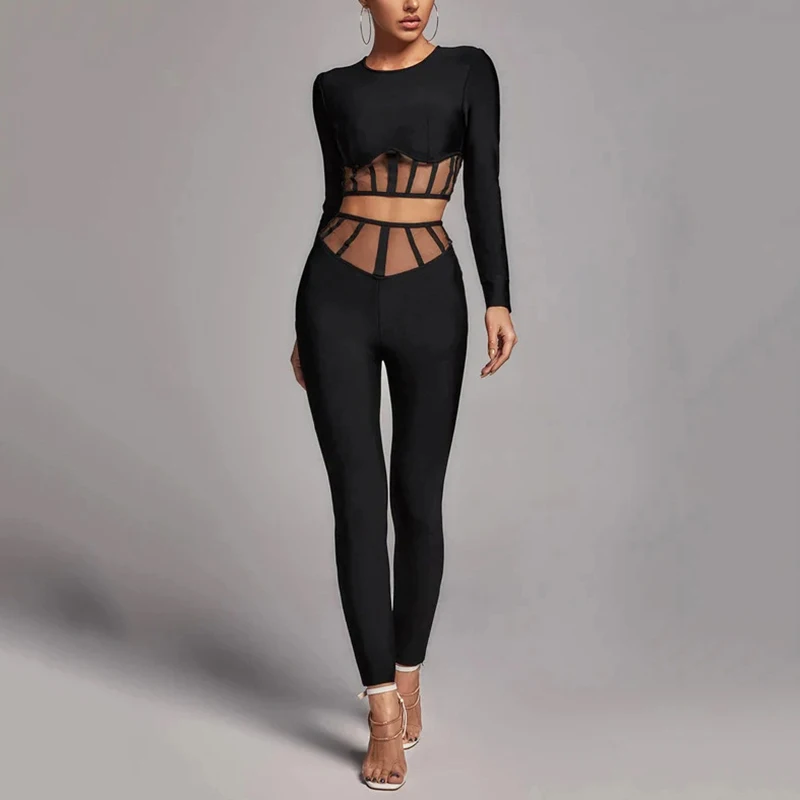 Set di bende da donna nere nuovo 2023 Sexy See Through o-neck Mesh Crop Top pantaloni a matita Set di due pezzi eleganti abiti aderenti BA321