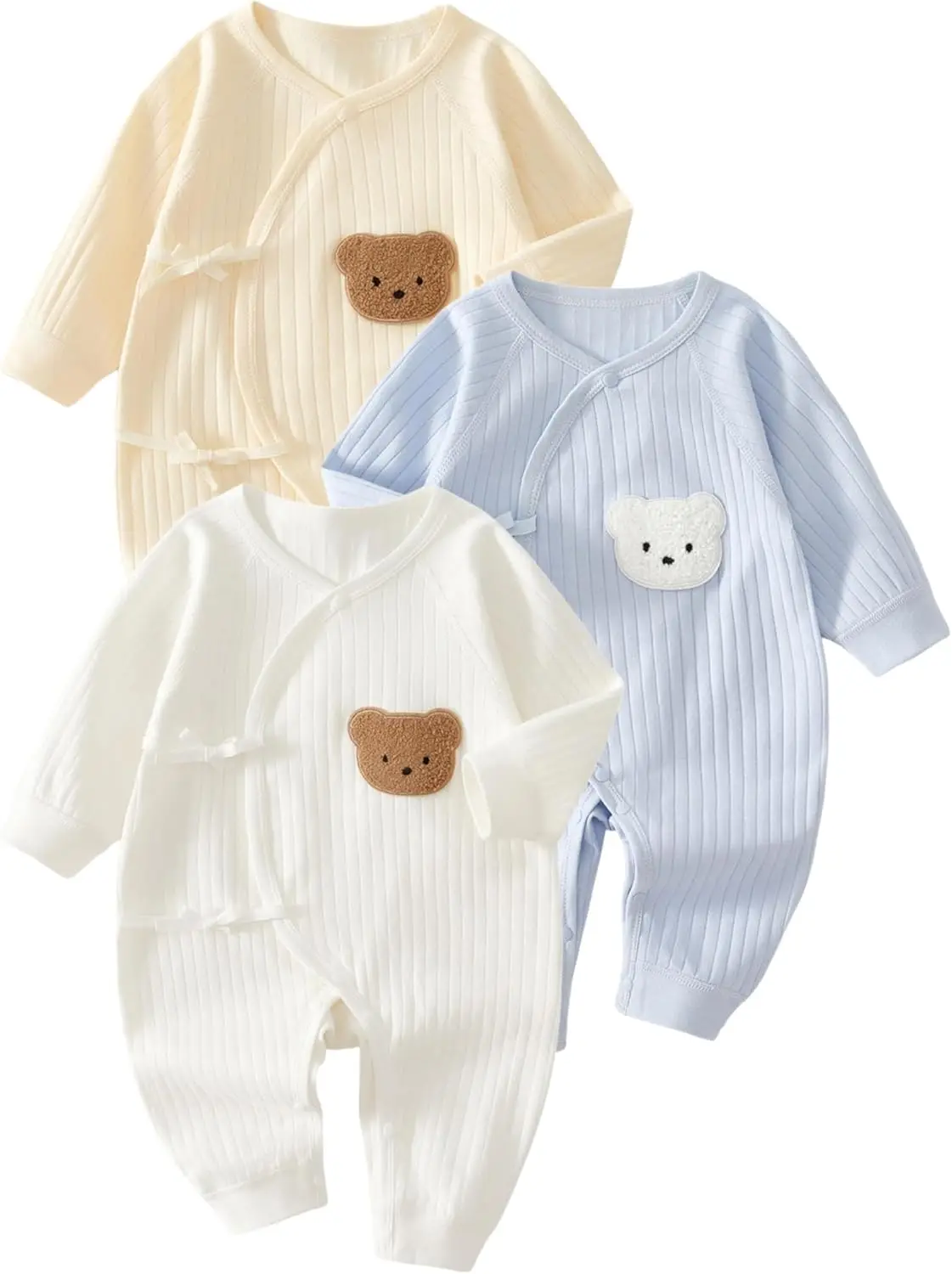 

Somenie 3 Pieces Onesie 100% Cotton Newborn Baby Long Sleeve Romper Infant Solid Knitting Thin Jumpsuit Gifts for Boys Girls