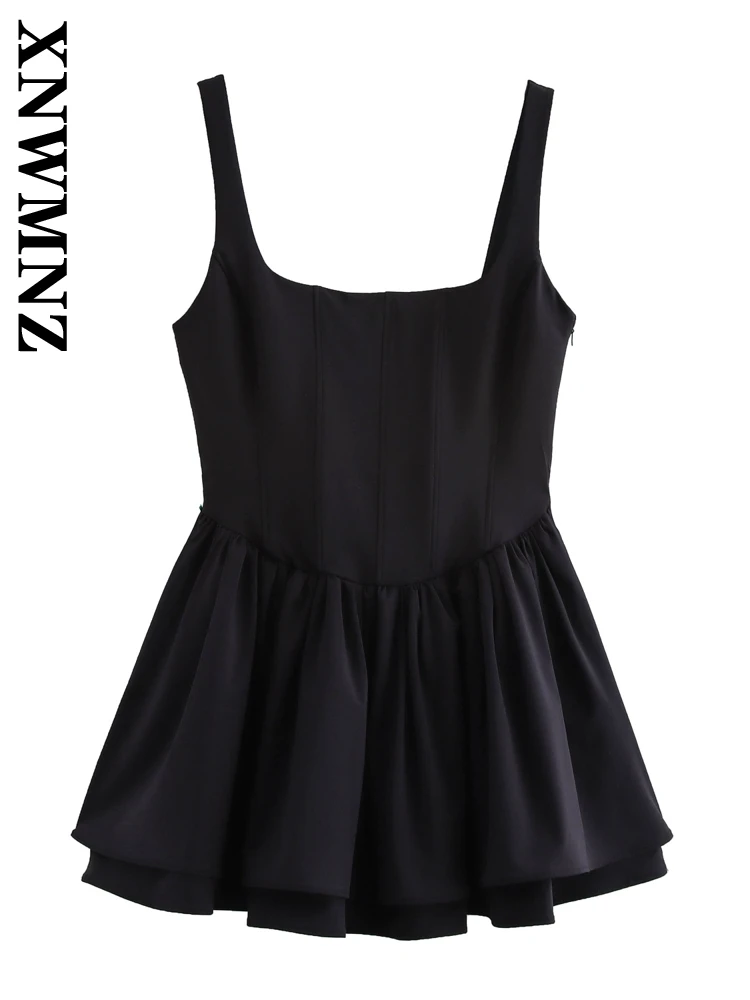 XNWMNZ 2024 Summer Woman\'s Casual Sleeveless Solid Color Slip dress Top Female Fashion Ruffles zipper Sling Pleated Skirt Dress