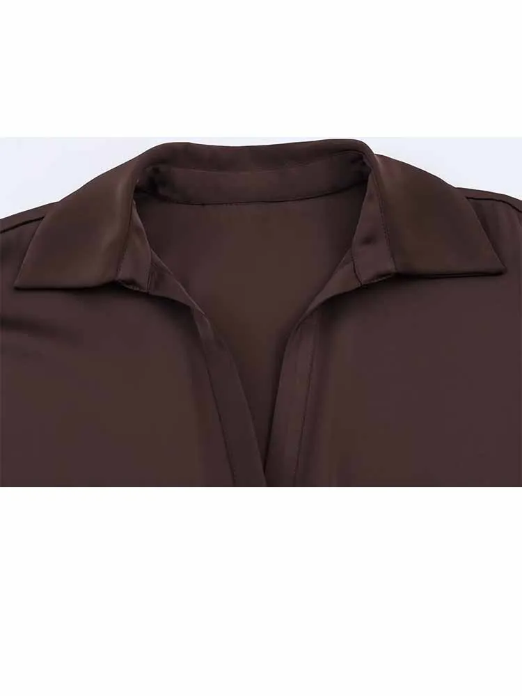 Hh mulher verão nova moda mangas compridas lapela rendas até solto seda cetim textura camisa feminina casual versátil estilo de rua topos