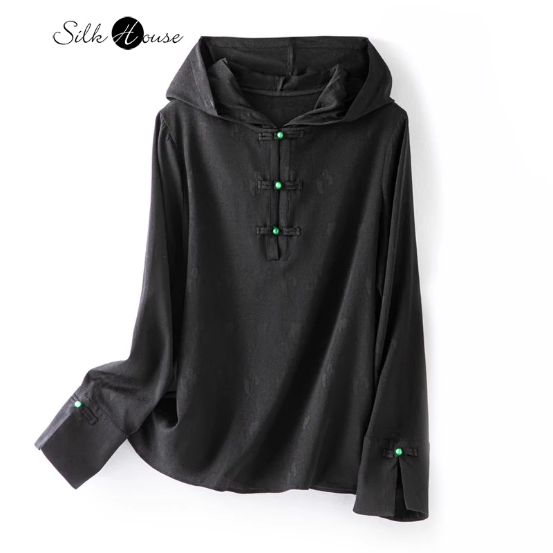 

New Chinese Style 93% Natural Mulberry Silk Jacquard Hooded Loose Casual Long Sleeved Hoodie with Button Up Small Shirt