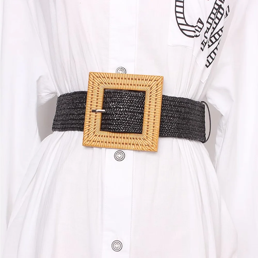 Spring Summer New Women's Beach Bohemian Elegant Square Buckle Grass Weaving Elastic Belt Beige and Black