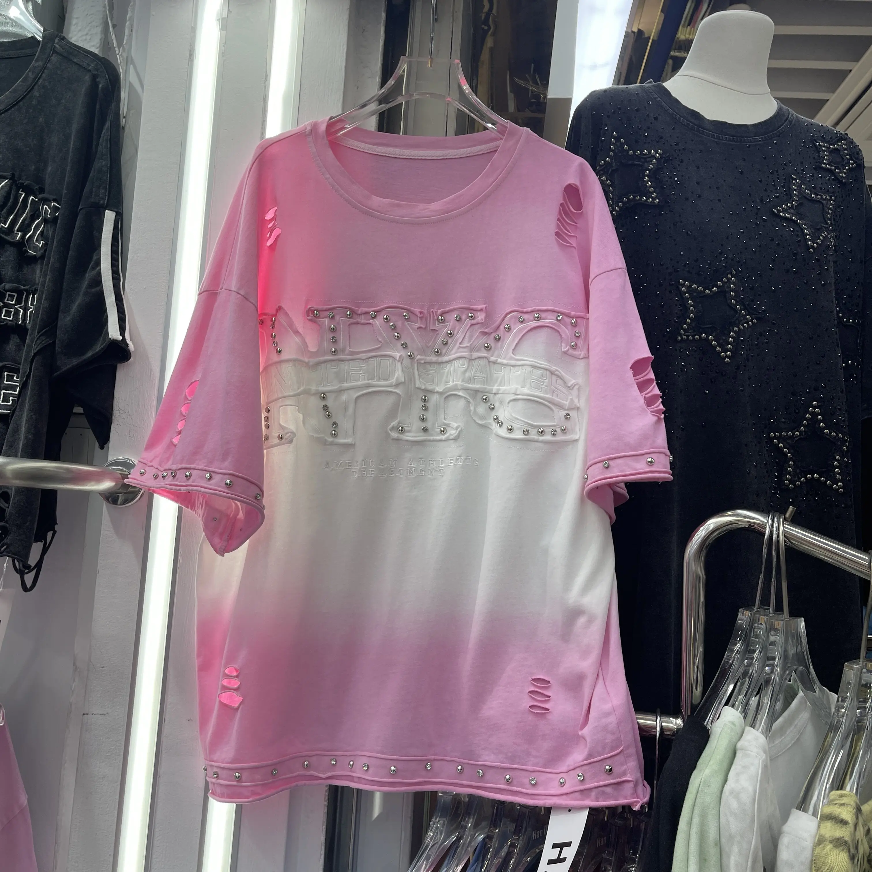 Gradient Hole Loose Short Sleeve Women T-shirt Spring Summer Mid-long O-neck Pullover Top Embroidery Rivet Hot Chick Cotton Tees