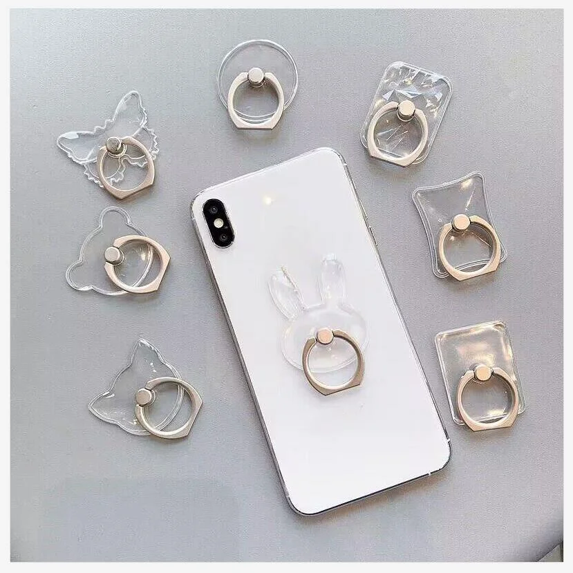 Transparent Cute Mobile Phone Finger Ring Holder Rings Cartoon Buckle Metal Cat Heart Phone Holder Ring Stand for Mobile Phone