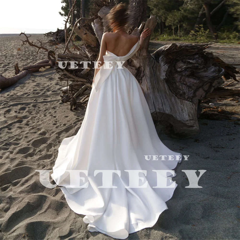 UETEEY Customized Asymmetrical One Shoulder Satin A Line Wedding Dress Women Simple Open Back High Slit Court Train Bridal Gown