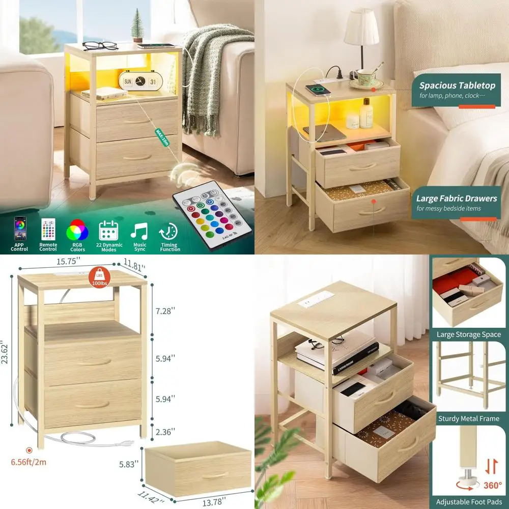 Mesita de noche con estación de carga, cajones de tela con iluminación LED, estante de almacenamiento y puertos USB/salida