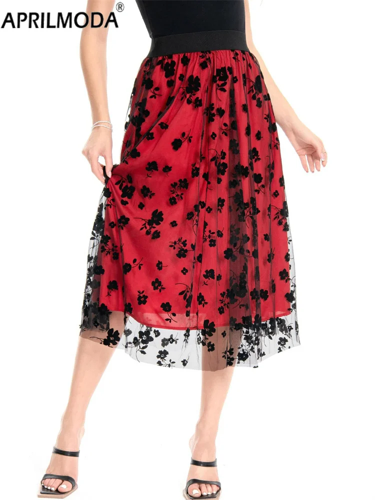 Robe mi-longue taille haute élastique pour femme, patchwork floral, doux, élégant, tout match, ligne A, grande balançoire, jupe de soirée, quoi que ce soit, 2025