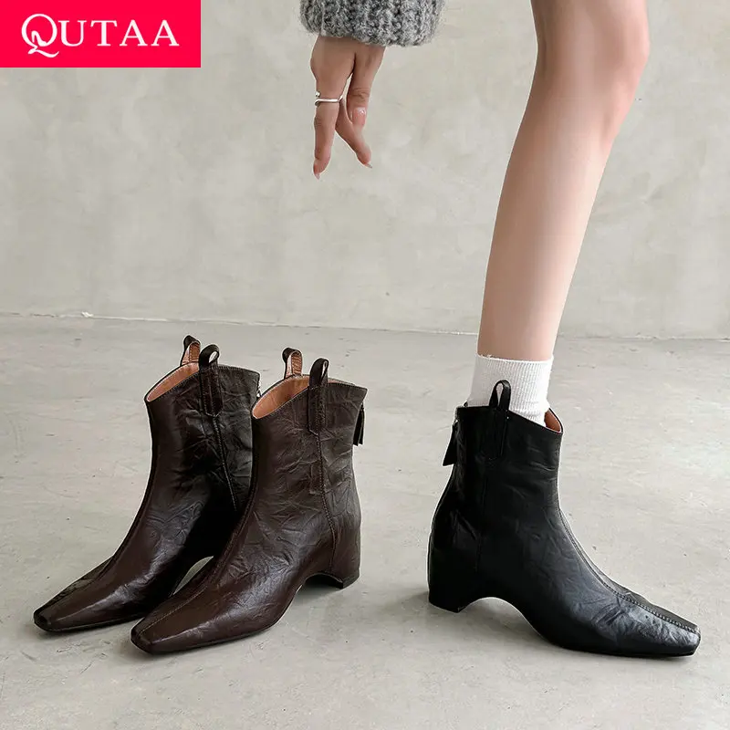 

QUTAA Fashion Winter Cow Leather Women Ankle Boots Autumn Zipper Shoes High Heels Warm Square Toe News Lady Short Boots 34-40