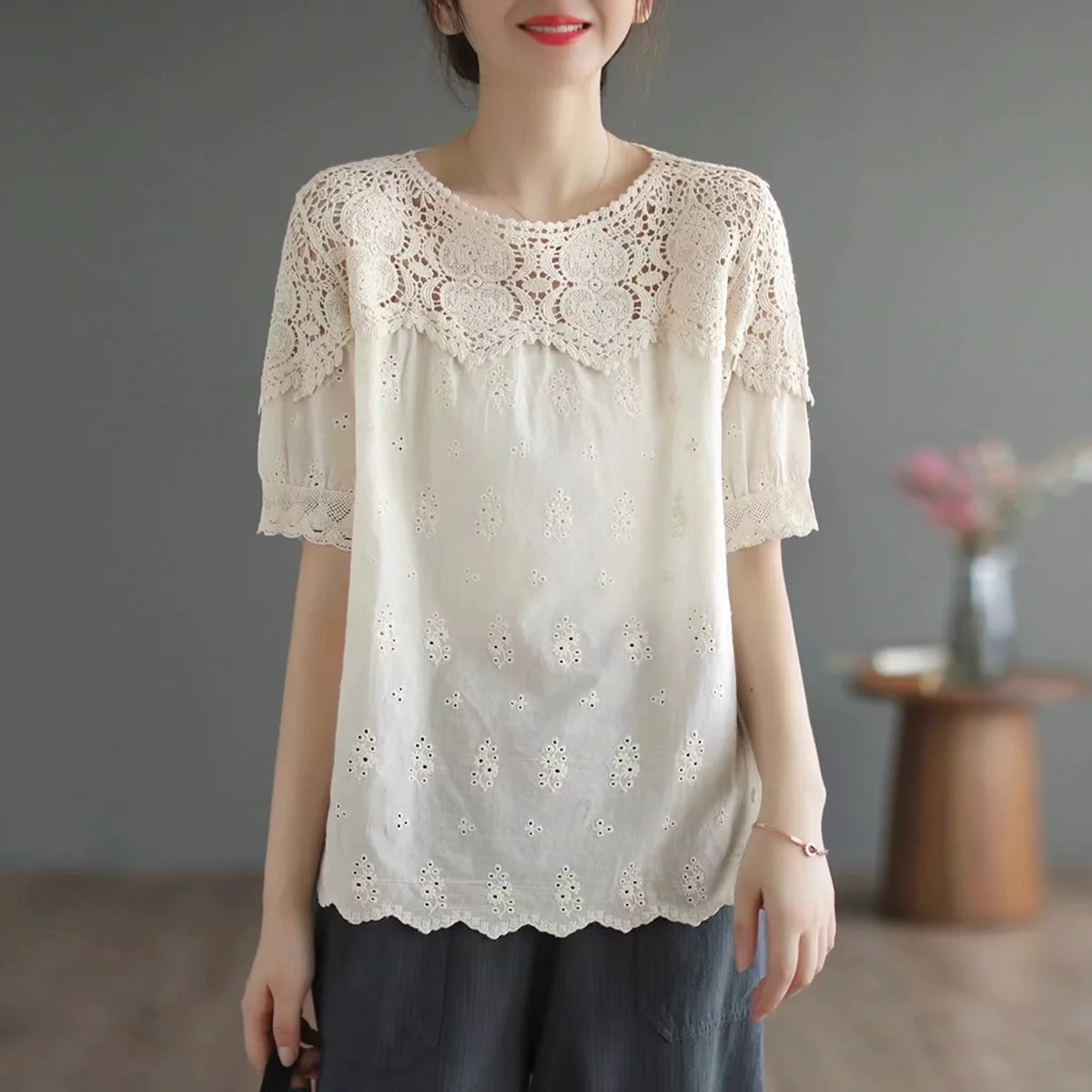 New Spring Cotton Short Sleeve Shirt Women Lace Hollow Out O Neck Top Girl Loose Sweet Chic Casual Blouse 2024 Summer T45947QM