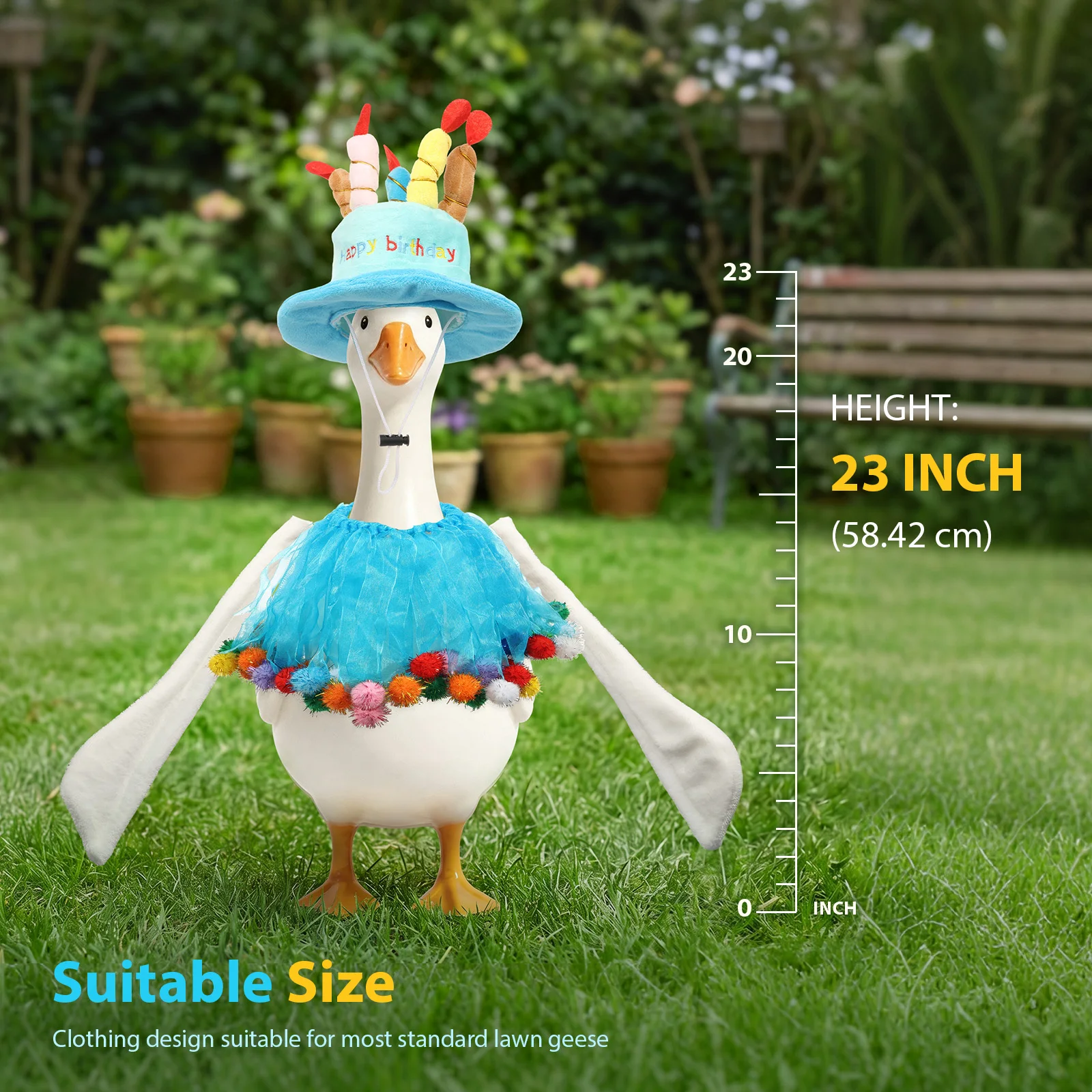 23 Inch Birthday Themed Porch Goose Statue Outfits Birthday Party Goose Sculpture Costume for Patio Garden Decoration Photo Prop