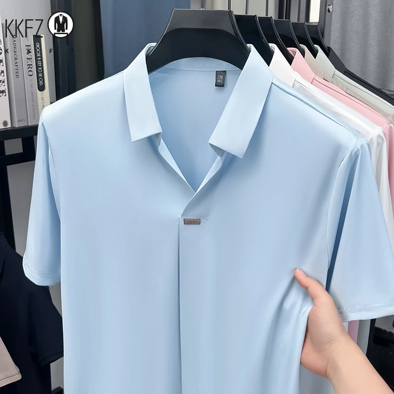 High elastic mens seamless lapel short sleeve shirt thin notch collar single metal buckle multi scene business formal garment