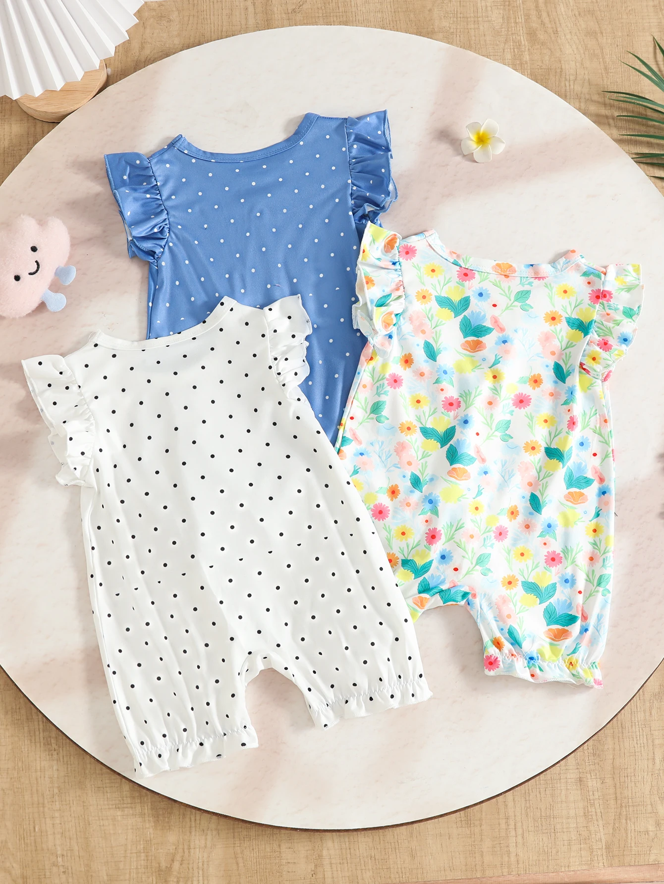 Baby Girls Summer Fly Sleeve Rompers Polka Dot Floral Insect Prints Thin Breathable Cute Casual Outdoor 3PCS Set