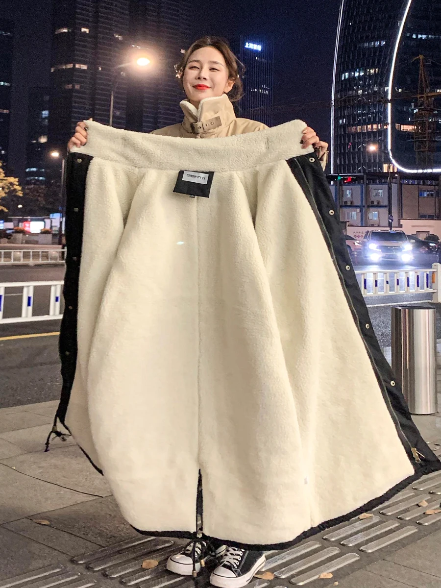 韓国スタイルの女性の冬のジャケットフリース裏地ミディコートオーバー膝丈ルーズフィットシープスキン綿パッド入り長袖ジッパー閉鎖