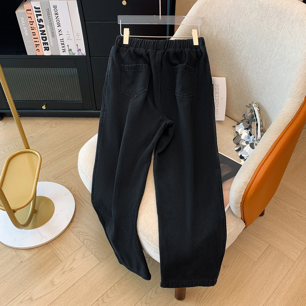 Plus-size women's Winter Casual commute loose comfortable cotton pants Black straight-barrel elastic-waist button pants thick