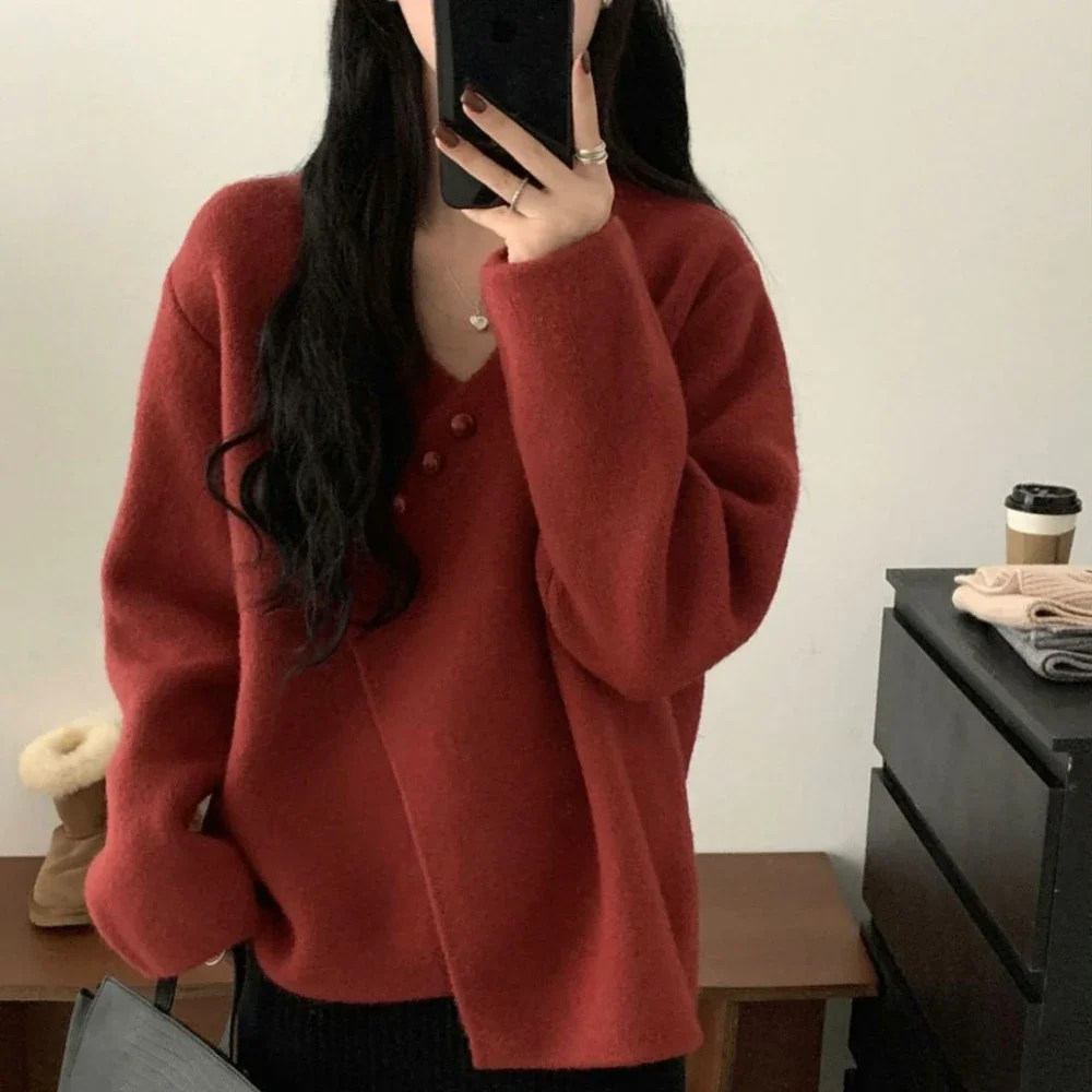 Cardigan Women\'s Sweater Winter Button Red Knit Tops for Woman V-neck Crochet Fashion 2024 Designer Modern Trend Jersey Korean