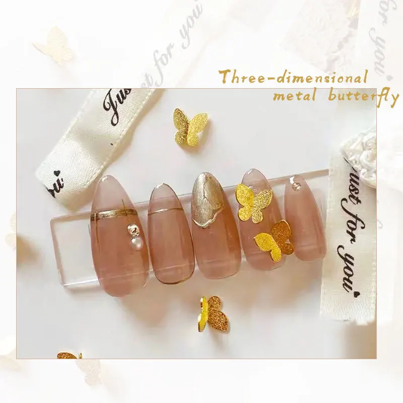 10PCS/Set 4 sizes ins Stereo Butterfly Nail decoration DIY Nail metal butterfly Nail accessories frosted gold small butterfly