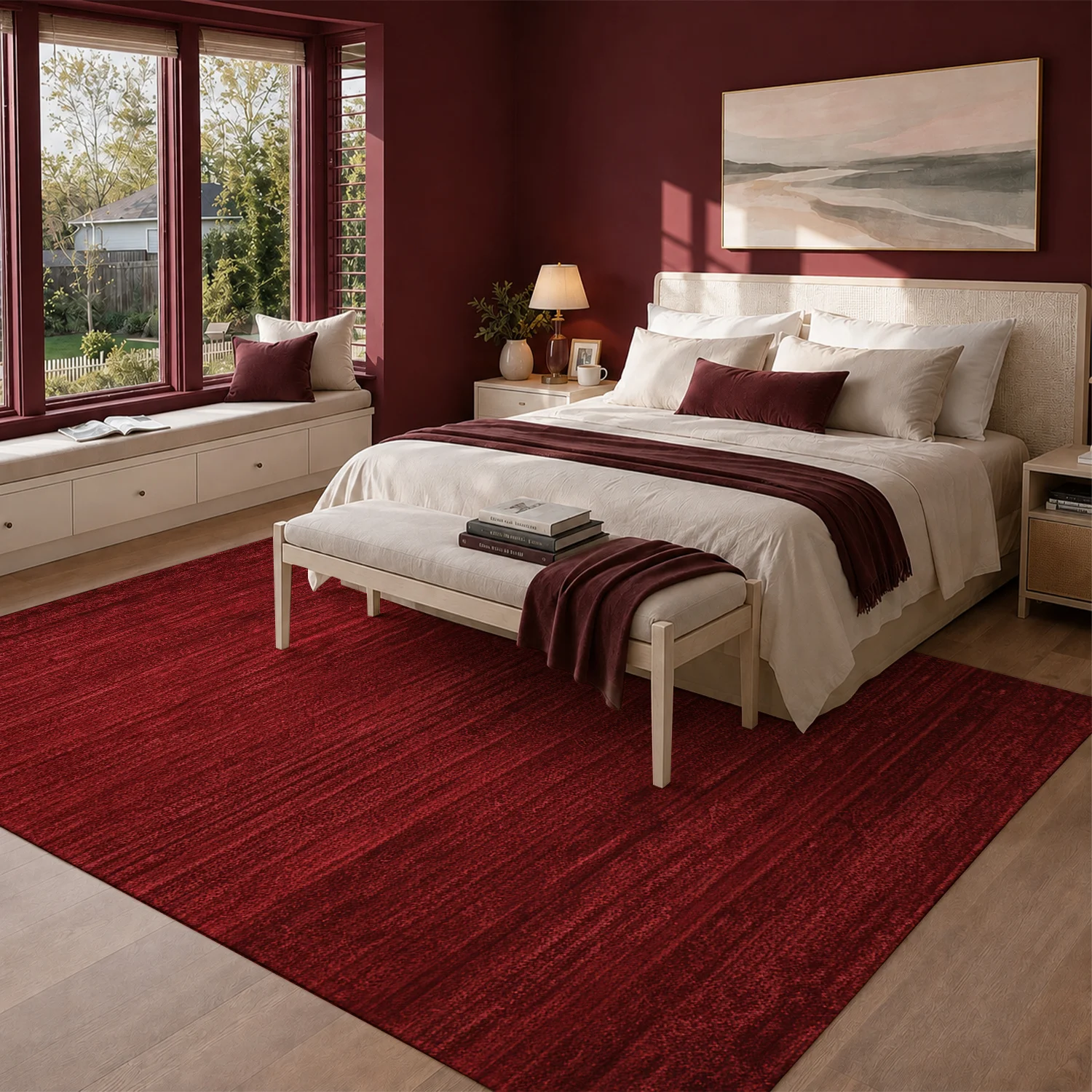 Large Indoor Velvet Area Rug, Non-Slip Dotted Backing, Low Pile, Machine Washable Deep Red Vertical Striped Floor Rug for Living Room, Bedroom, Soft Plush Home Decor Accent