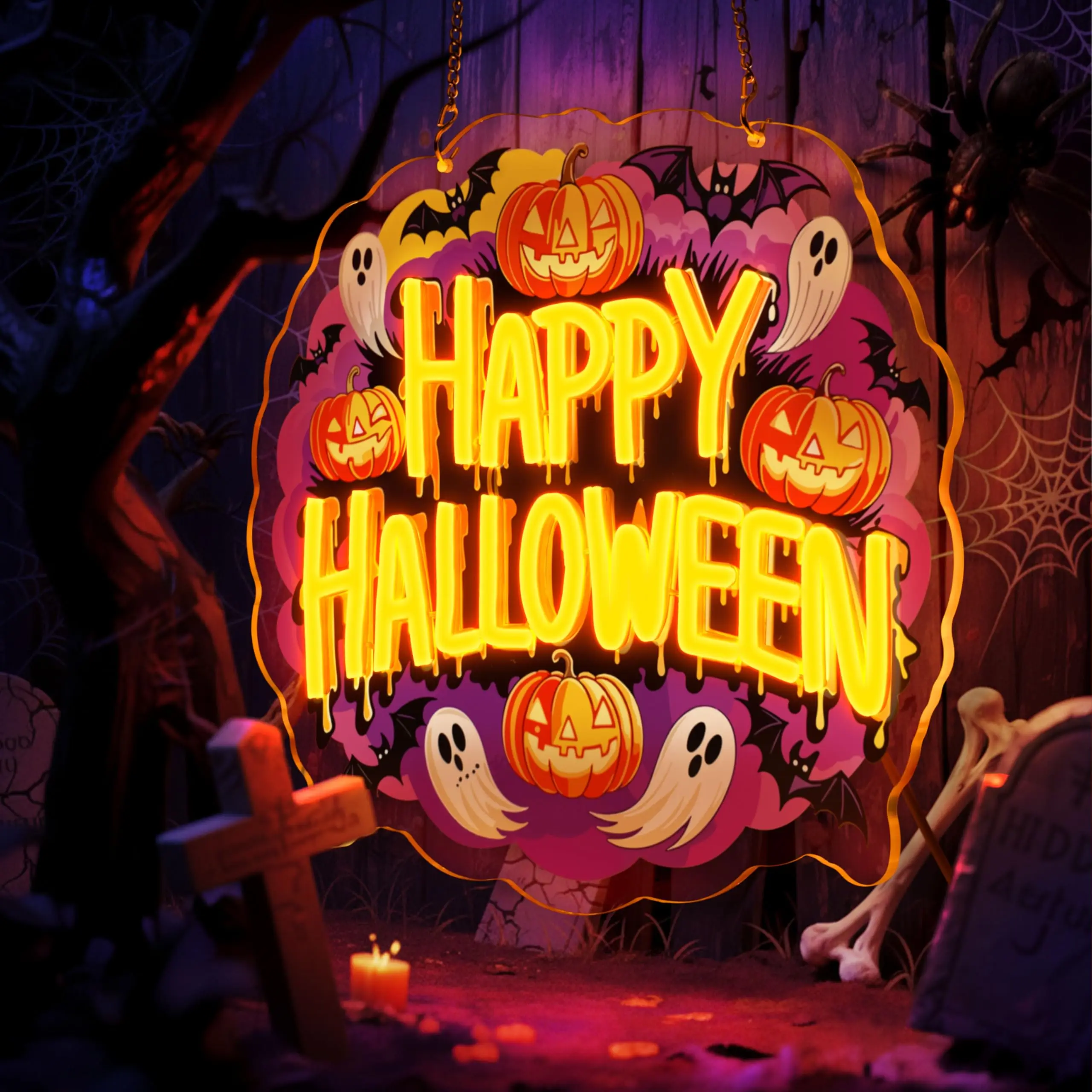 Happy Halloween LED Neon Sign for Wall Decor Halloween Party Spooky Room Bar Window USB Power Dimmer Switch Orange Light