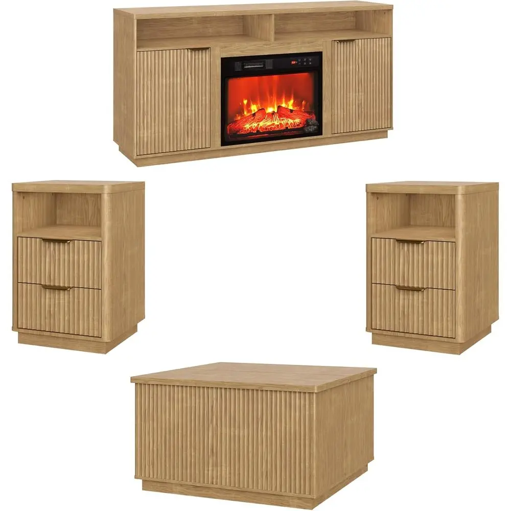 

4-Piece Living Room Set: 31.5 Lit Coffee Table, 59 Fireplace TV Stand for 70 TVs, 2 Nightstands in Natural Oak
