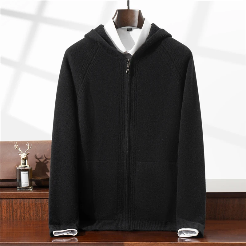 Men's Hooded Knit Sweater Autumn Winter New Cardigan Tops 100% Wool Slim Solid Color Sweatercoat Jacket