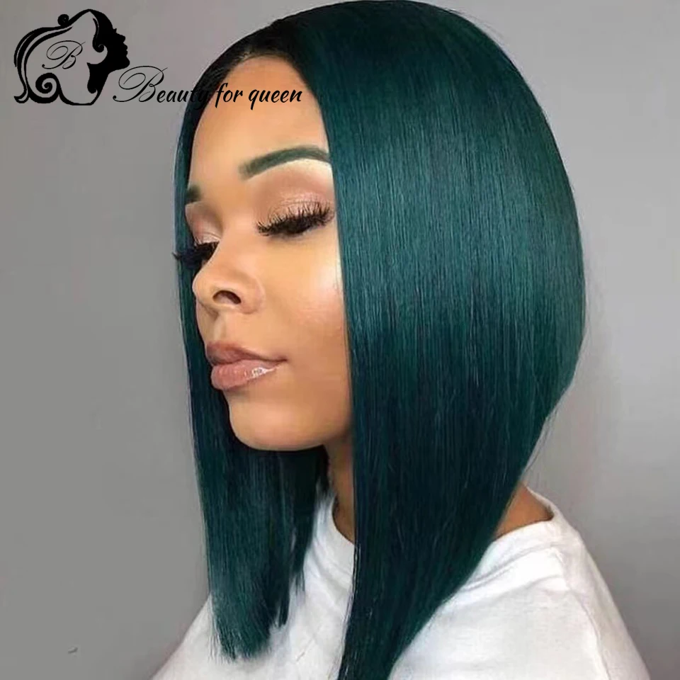 

13x4 Lace Front Human Hair Wigs For Woman Green Colored Short Bob Wig Dark Green Straight Brazilian Remy Bob Wig Pre Plucked