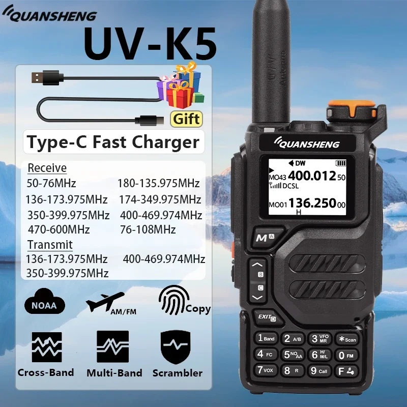 Quansheng UVK5 Walkie Talkie 50-600 MHz Full Band Type C Charger AM DTMF Scrambler NOAA UVK6 K58 UV-5R Plus FM Ham Two Way Radio