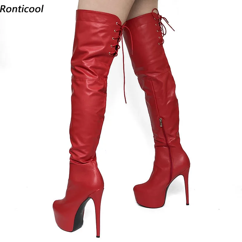 

Ronticool Handmade Women Winter Platform Thigh Boots Side Zipper Stiletto Heels Round Toe Red Cosplay Shoes Us Plus Size 5-20