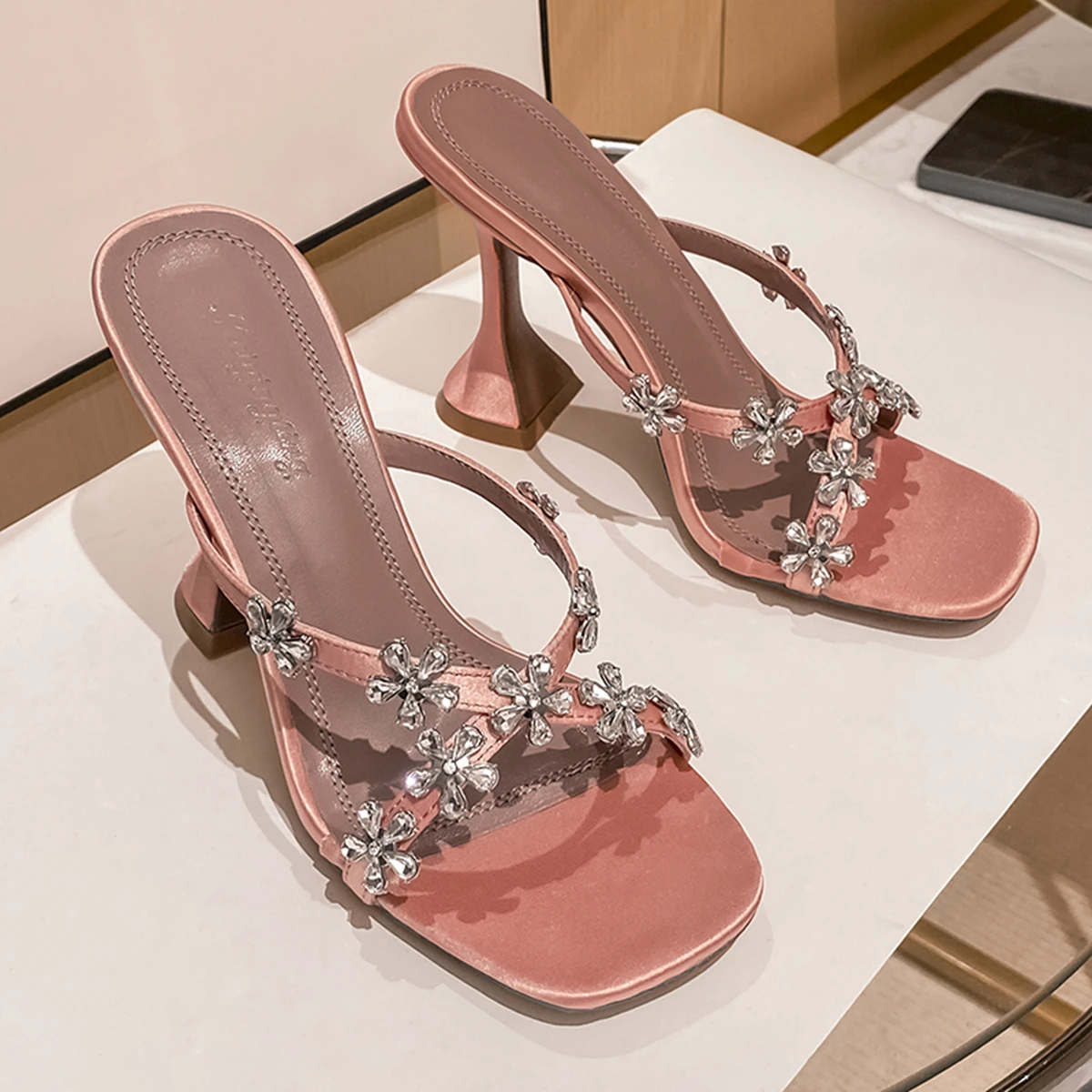 Summer Silver High-heeled Shoes With Black Sandals And Slippers Plum Blossom Rhinestones With Black Sandals For Women To Wear