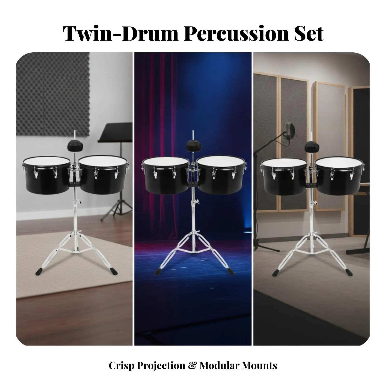2 Pieces Timbale Drum Black Timbales with Stand Metal for Practice
