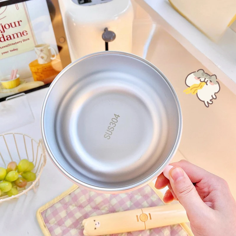 Cute Stainless Steel Ramen Bowl With Lid Kawaii Large Instant Noodles Fruit Salad Rice Soup Bowl Kitchen Tableware Women Gift