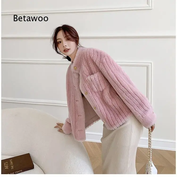 Womens short lamb fleece faux fur coat with small stand collar integrated fur design stylish outerwear for off season wear casu