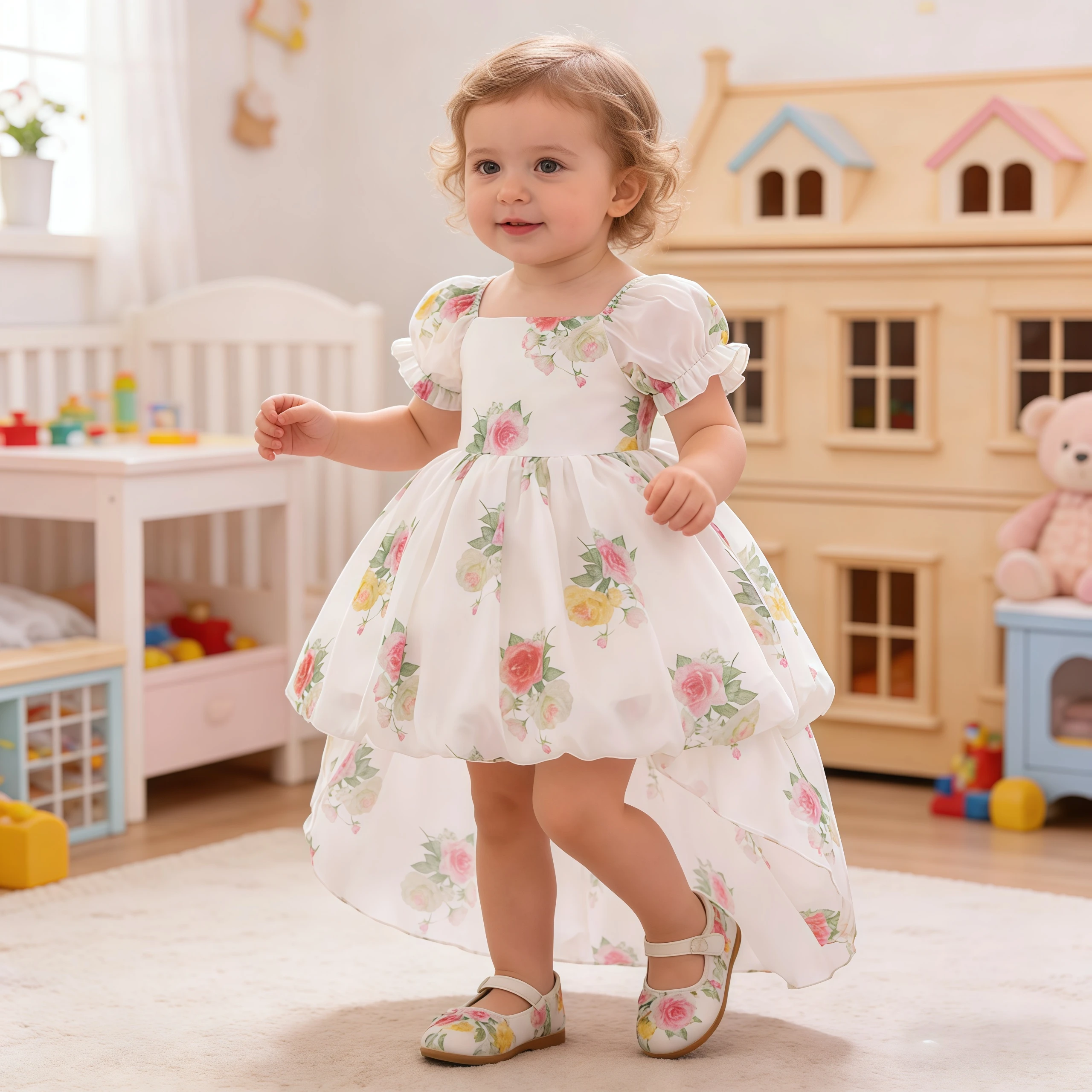 

Flower Baby Girls White Trailing Princess Dress Wedding Birthday Party Gown For Elegant Kids Formal Baptism Occasion Vestidos