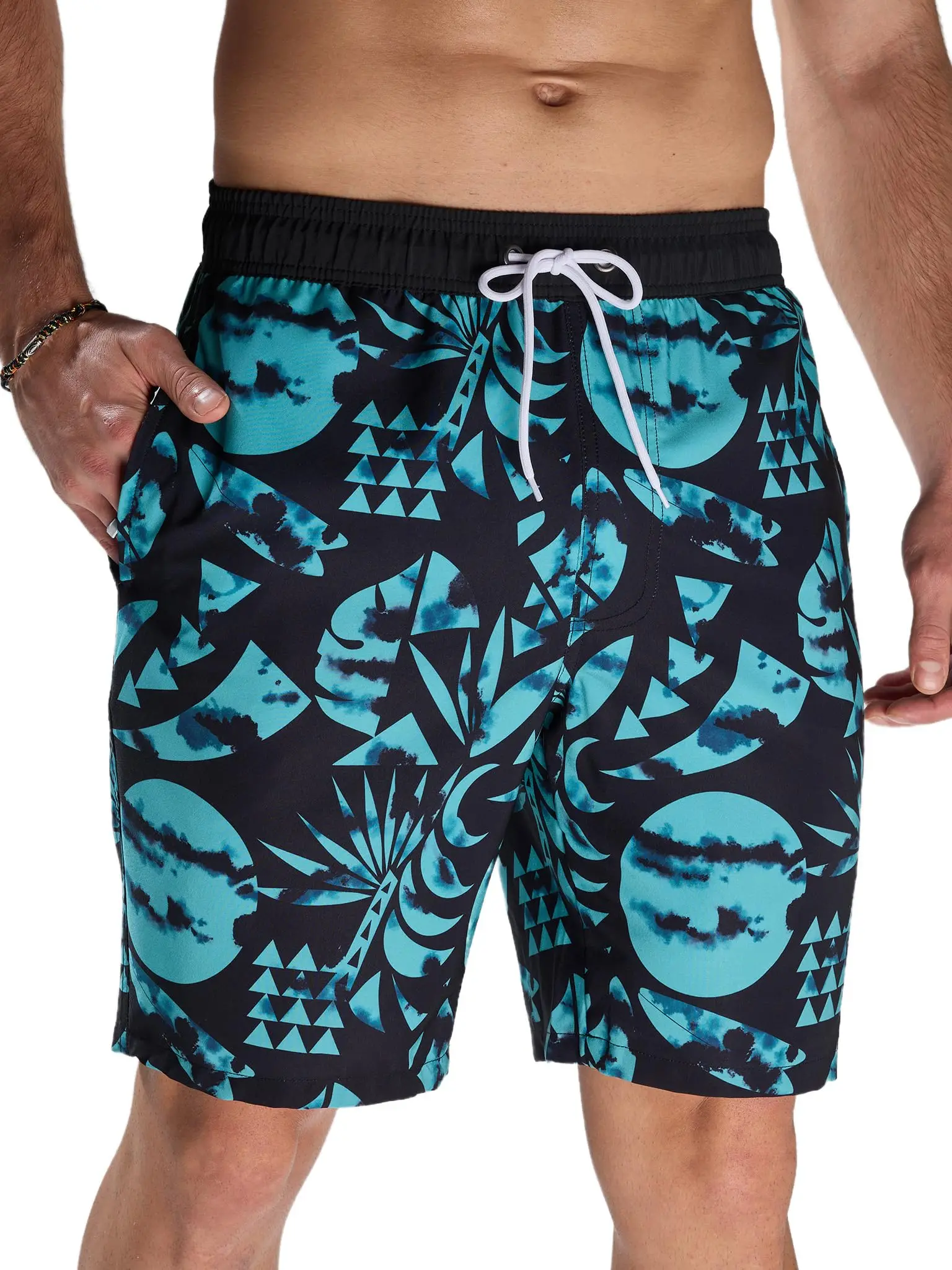 Men's Black Teal Tropical Leaf Print Swim Shorts Elastic Drawstring Pocket Quick Dry Summer Beach Surf Casual Shorts