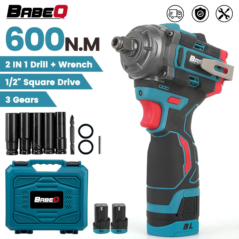 

600N.M Brushless Electric Impact Wrench 1/2 Inch 2 IN 1 Cordless Wrench Screwdriver Power Tool Li-ion Battery Variable Speed