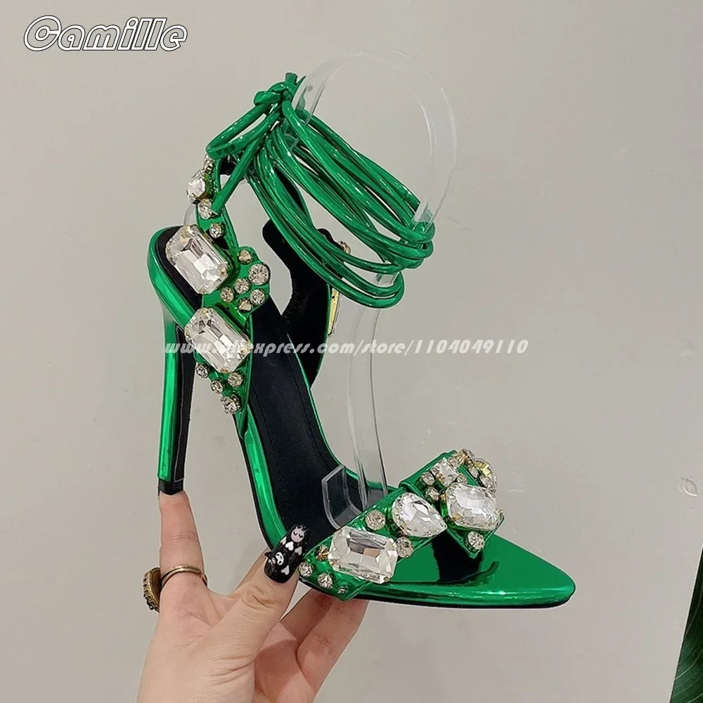 

Solid Rhinestone Ankle Strap Stiletto High Heels Open Toe Catwalk Style Luxury Party Sandals Back Strap Side Empty Sandals