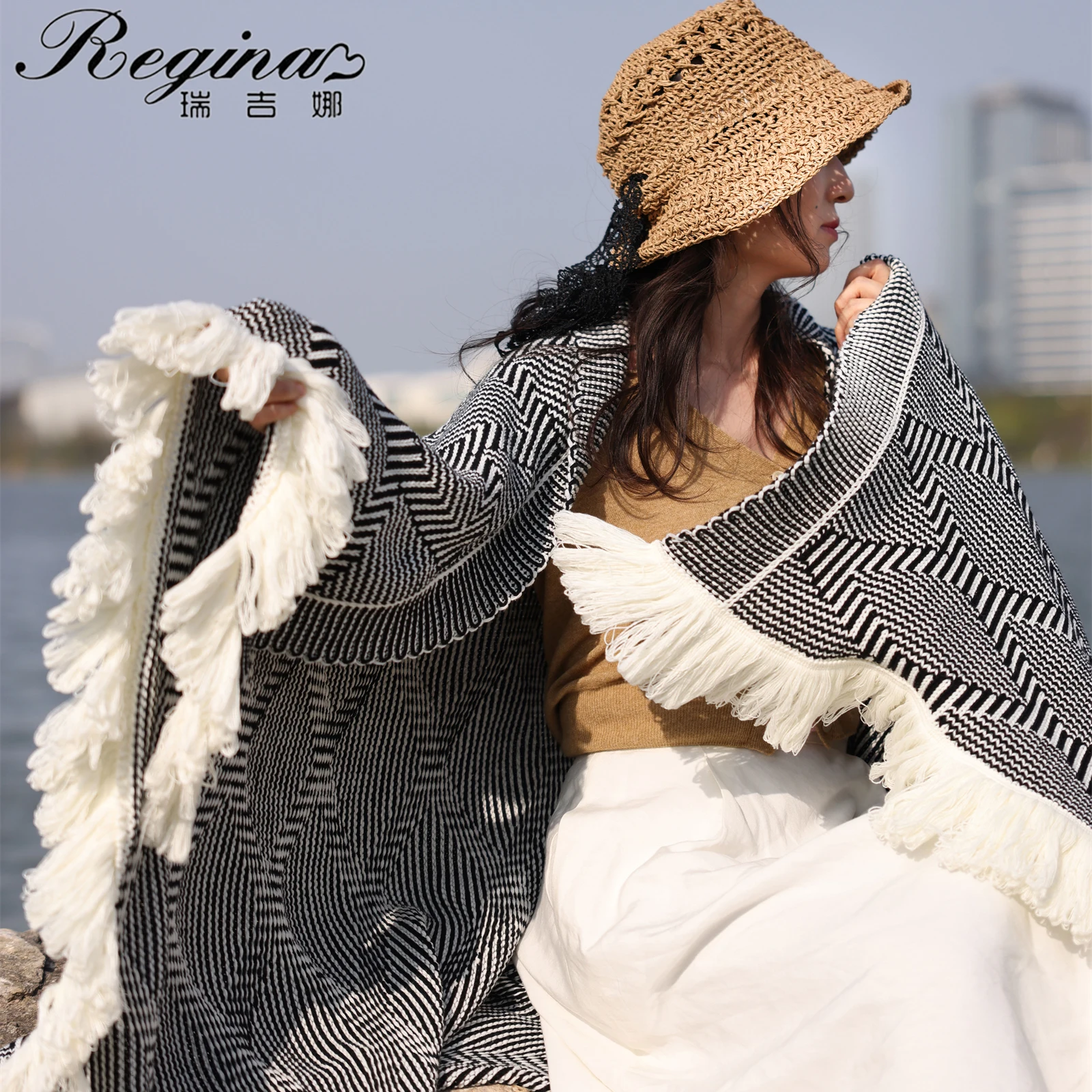 REGINA Brand Vogue Macrame Design Blankets Black Gray White Fringes Tassels Decorative Wearable Picnic Cotton Knitted Blankets