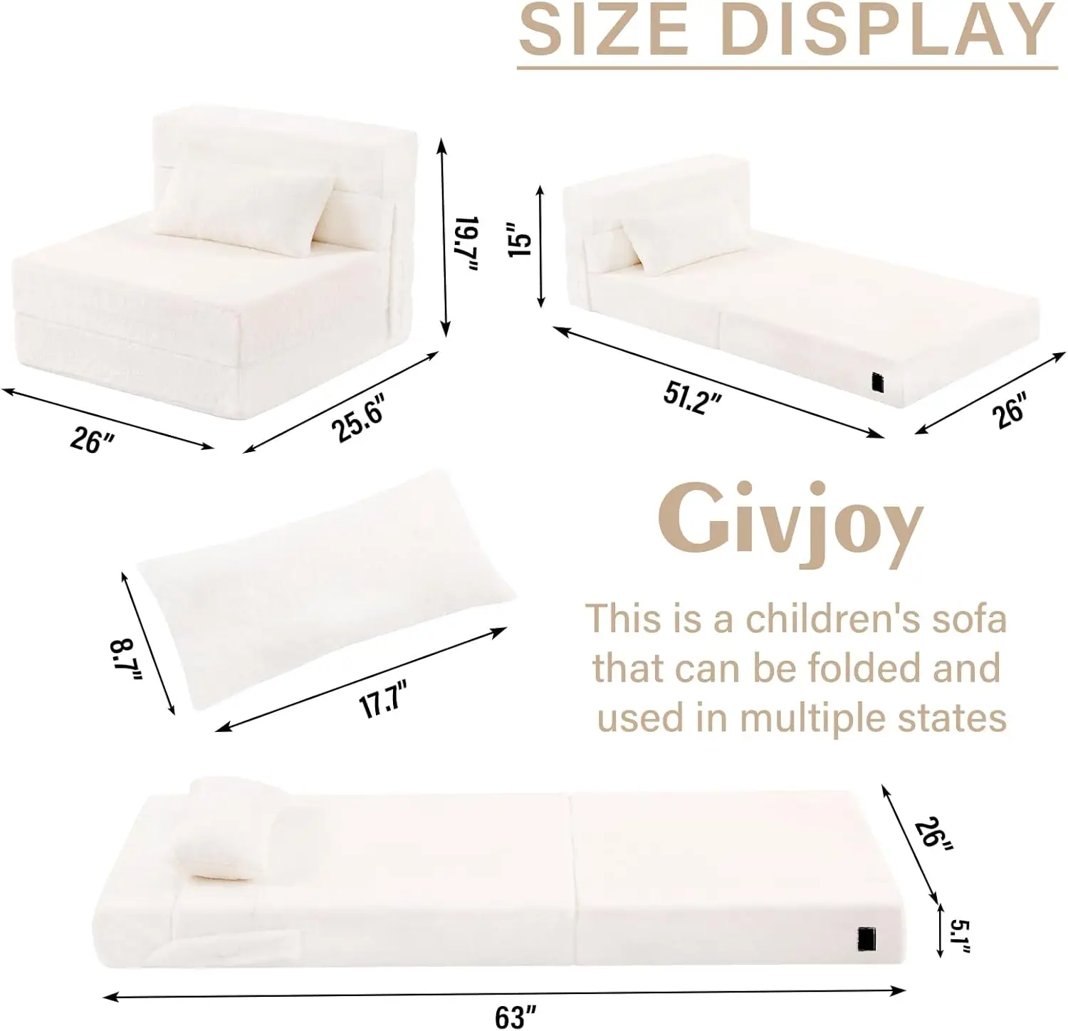 Folding Sofa Bed Beige Floor Mattress for Kids with Pillow, Toddler Washable Folding Floor Nap Mat Futon