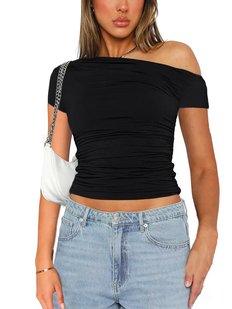 Solid Color High Elasticity Fabric Slash Shoulder Short Sleeve Pleated Navel Reveal Top for Women Casual Shrinkage Top