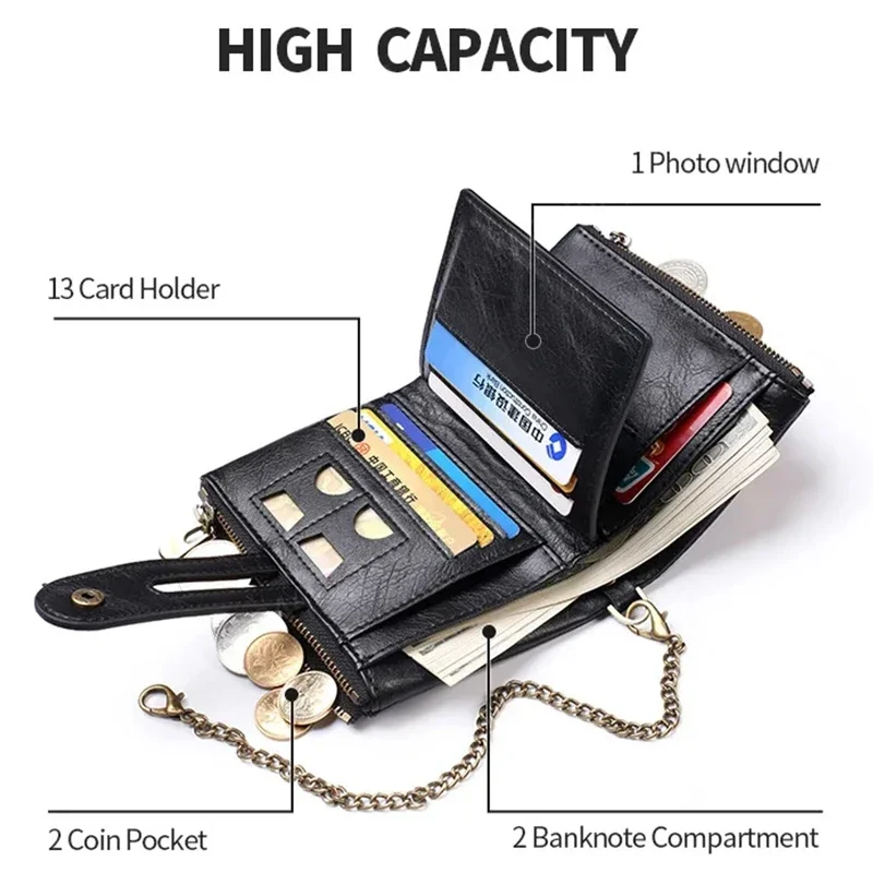 Anti Theft Men's Wallet PU Leather Retro Style Short Bifold Zipper Wallets Credit Card Coins Storage With Anti Loss