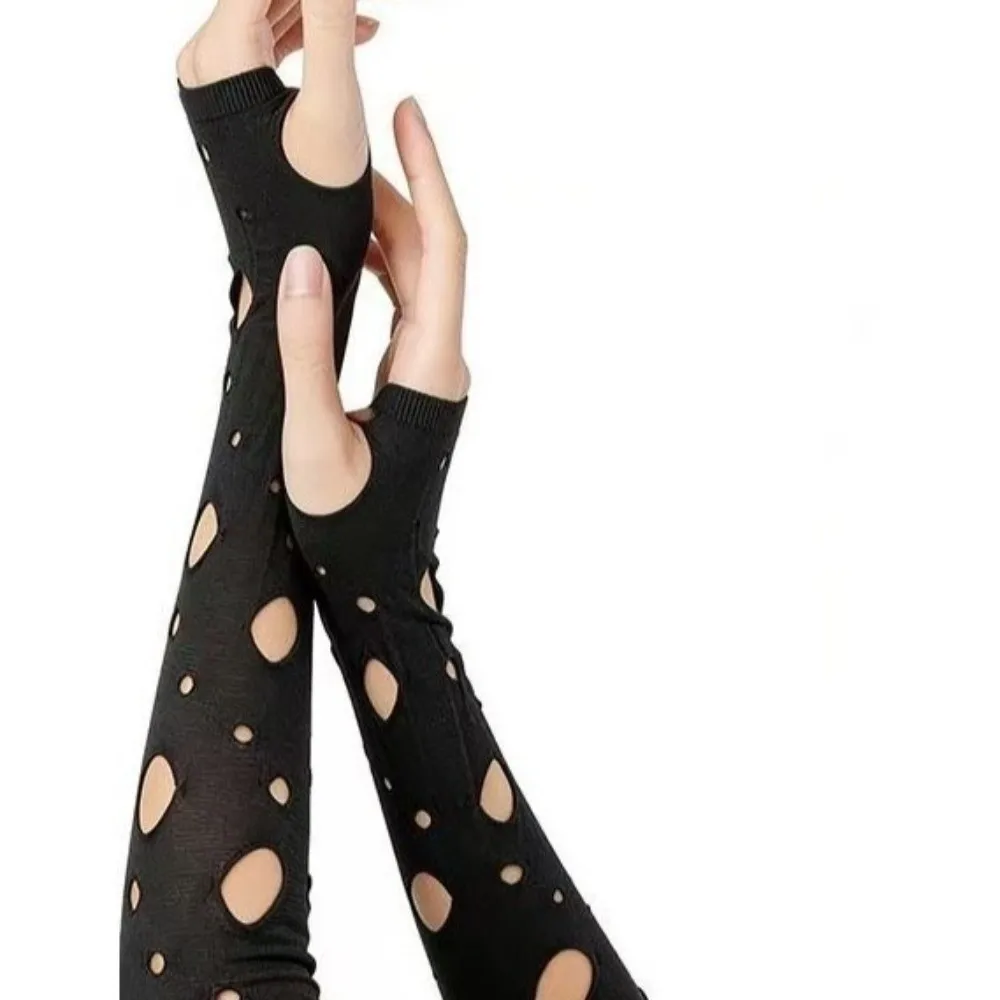 Sleeve Covers Ripped Arm Warmers Hollow Elastic Fingerless Gloves Breathable Black Hand Sleeves Party
