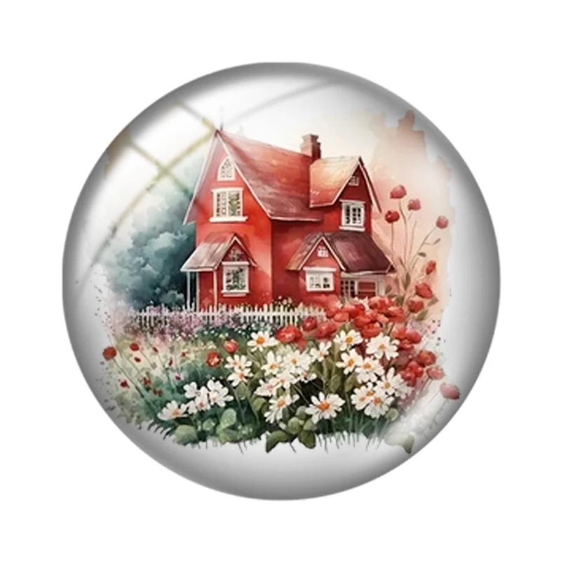 Watercolor cute red house with flowers  10pcs 12mm/18mm/20mm/25mm Round photo glass cabochon demo flat back Making findings