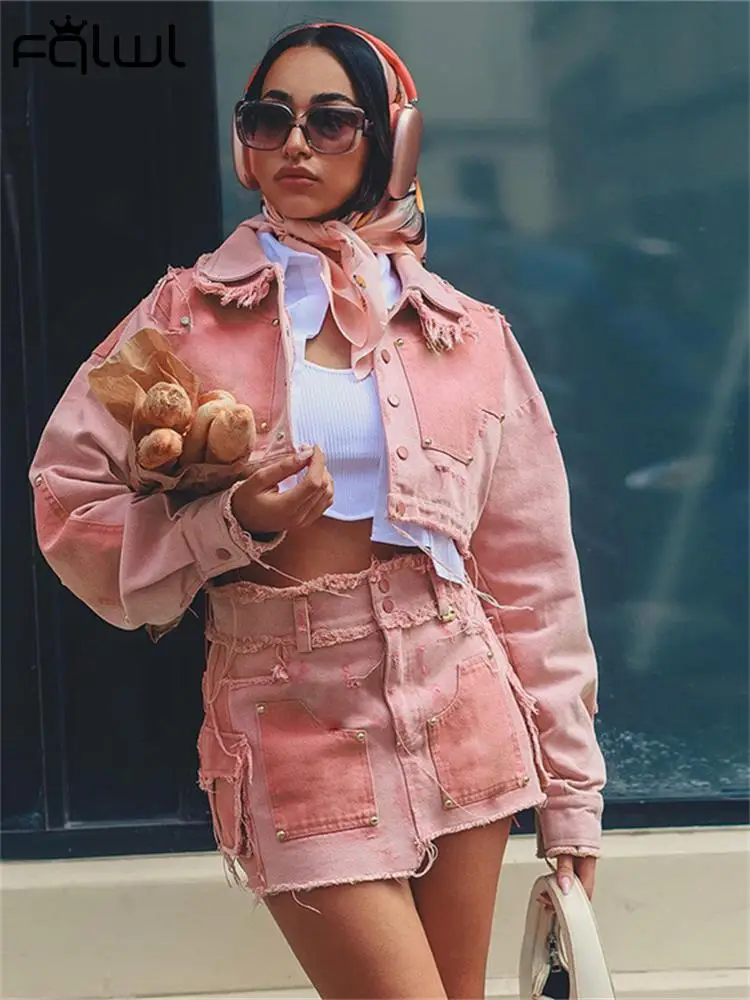 Habbris Fall Pink Denim 2 Two Piece Mini Skirt Set Street Causal Outfits For Woman 2023 Panelled Button Coat Jean Skirt Sets