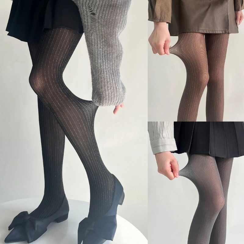 Women Vintage Shimmering Vertical Striped See Through Pantyhose 90s Spring Summer Silk Sheer Tights Stockings Leggings