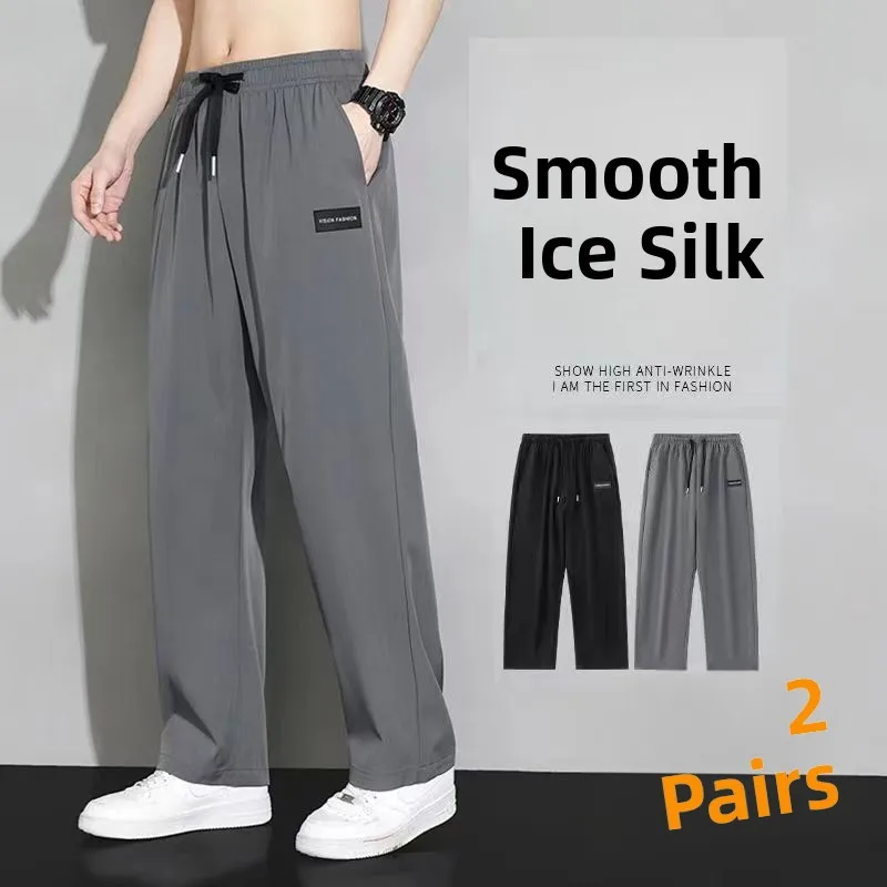 

Мужские повседневные брюки из ледяного шелка на открытом воздухе, летние тонкие спортивные брюки свободного покроя, молодежные длинные брюки, прямые брюки без глажки