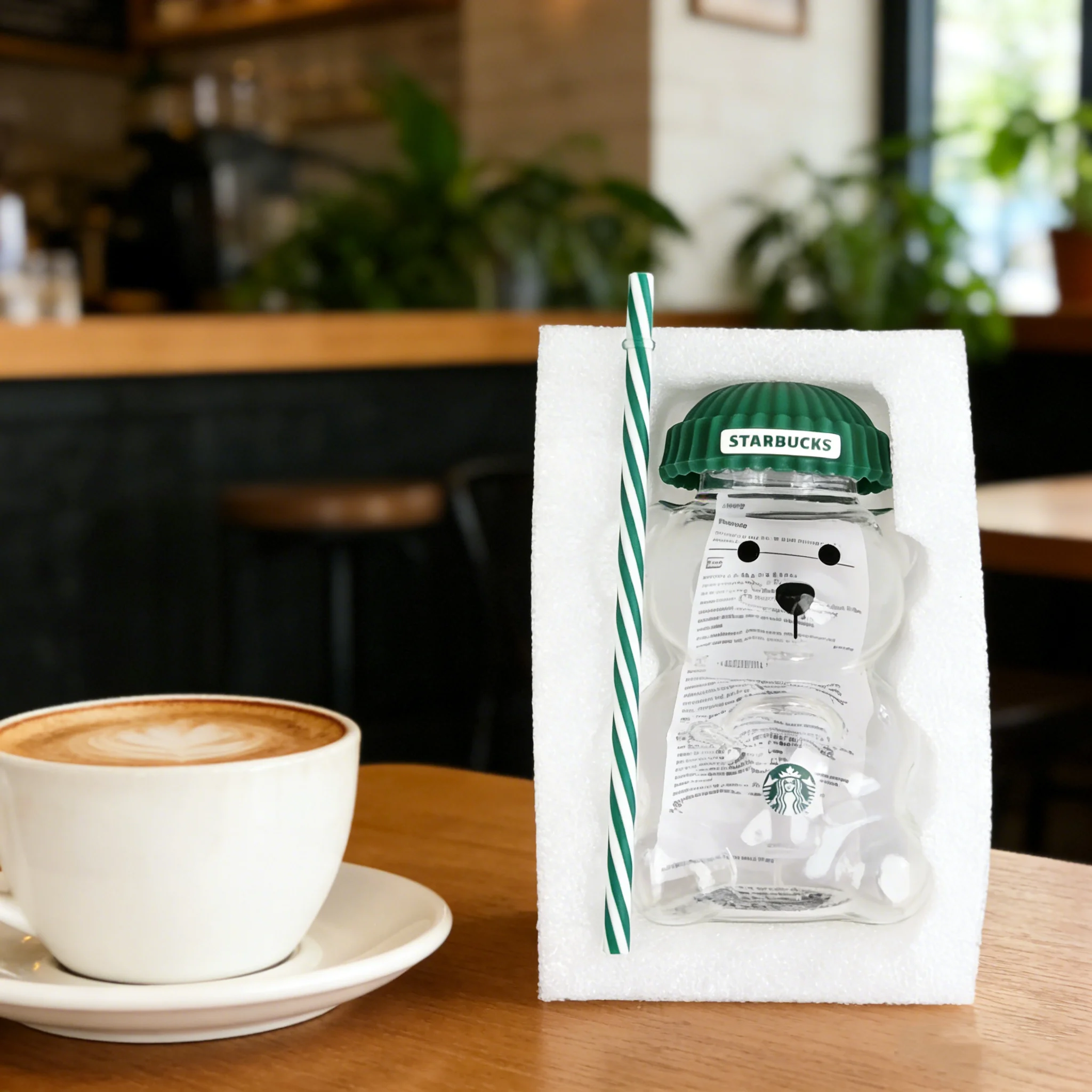Vaso de Vidrio Starbucks Bearista Bear de 591 ml con Tapa Verde y Pajita, Taza para Café Helado, Regalo para el Hogar o Cafetería