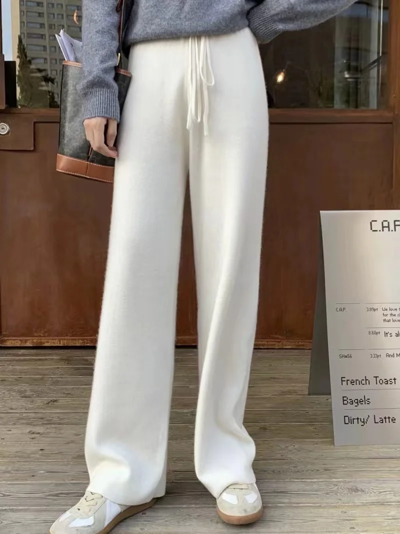 

Зимняя новая корейская версия тонких кашемировых трикотажных брюк, тонкие широкие брюки, свободные брюки, прямые брюки, повседневные брюки