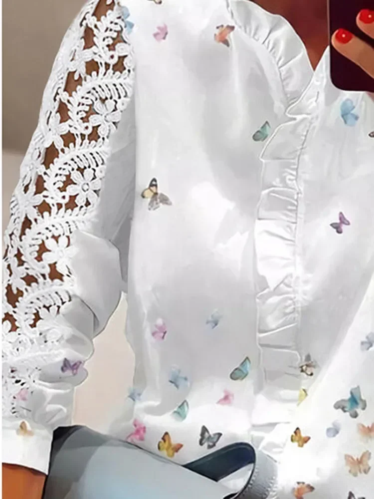 Women's Shirts Fashion Elegant Long Sleeve Butterfly Print Top White Ruffled Hollow Out Blouse