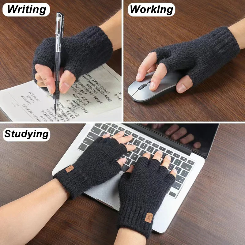 Guantes de medio Dedo de punto para hombre y mujer, manoplas cálidas de invierno para pantalla táctil, equitación al aire libre, trabajo, estudiar, 4 colores