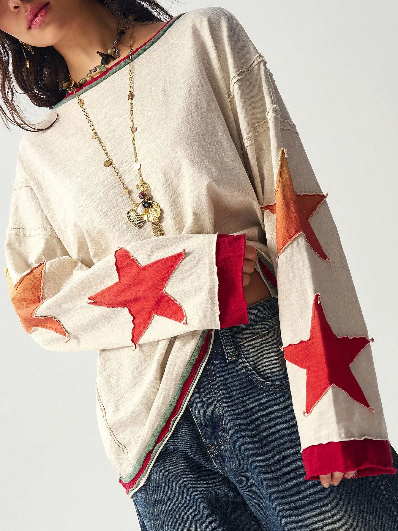 

Женская толстовка в стиле бохо с длинными рукавами, винтажная, с лоскутным узором в виде звезд, цветной блок, повседневный топ для осени и зимы